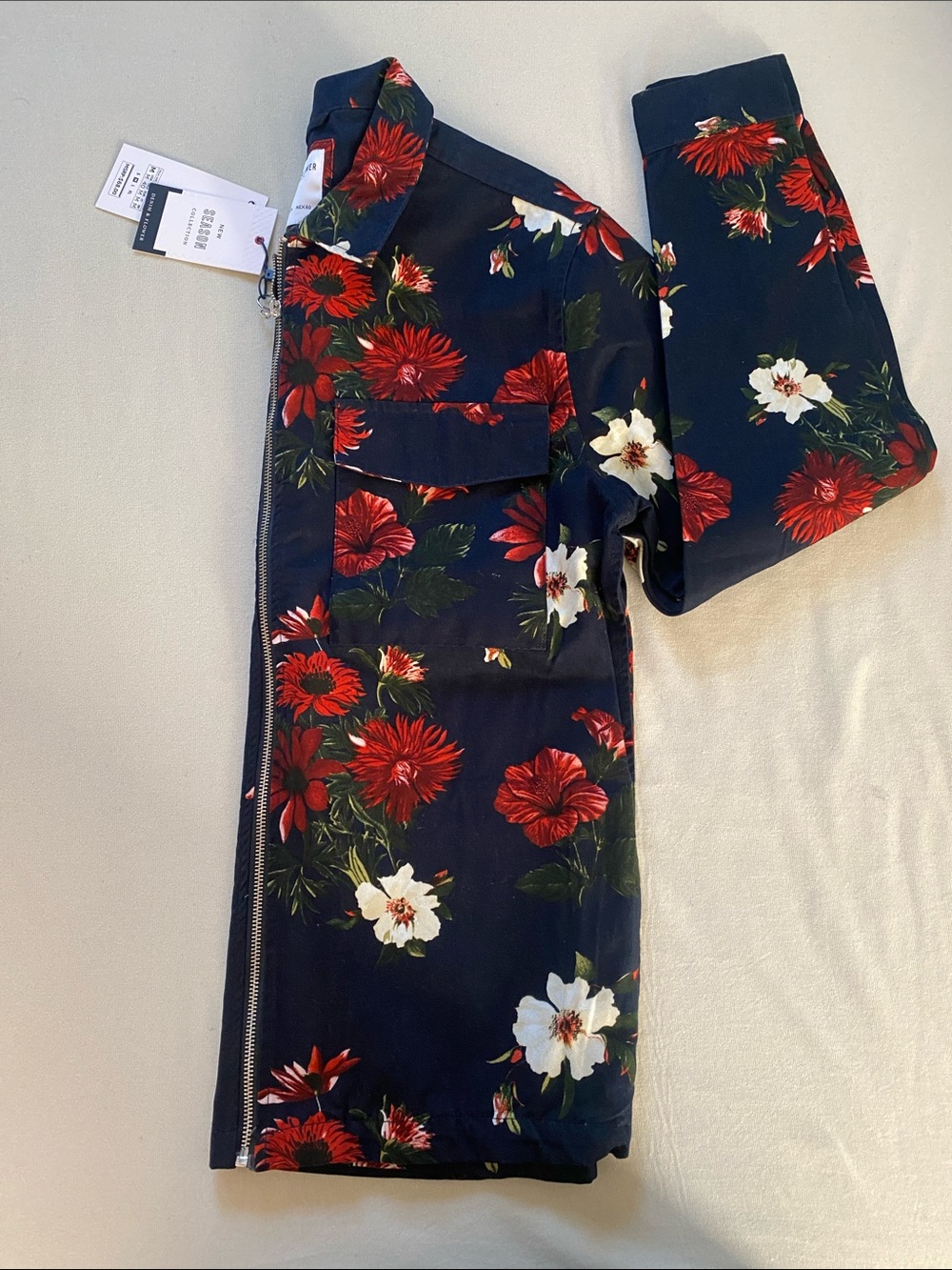 Denim & Flower Navy Floral Zip-Up Utility Jacket with Red & White Blooms - Picture 5 of 5